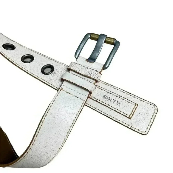 Sixty Unisex White Leather Belt with Grommet Detail Size 32 - Picture 4 of 7